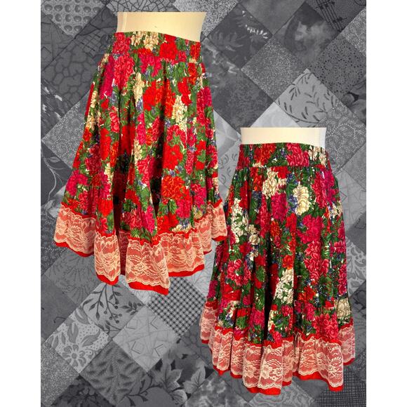 Vintage Square Up Fashions Red Floral White Lace Circle Country Skirt Size S - Picture 2 of 3